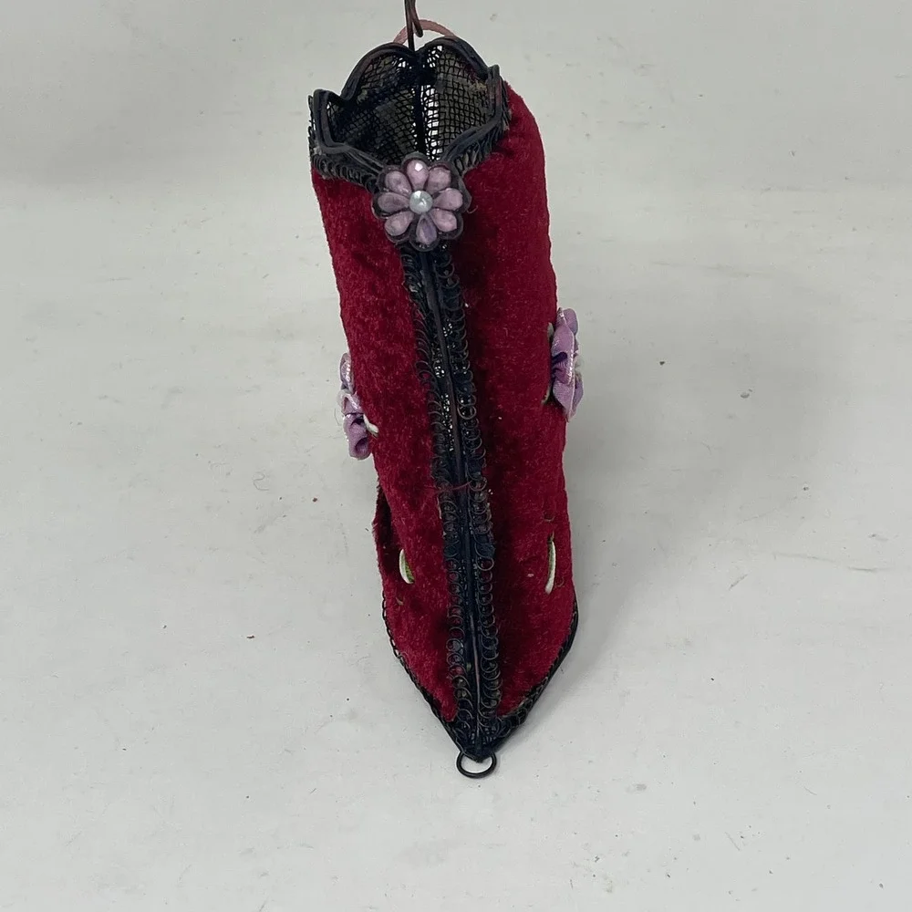 Vintage Victorian Style Burgundy Velvet Wire Mesh Boot Ornament Ribbon Flower